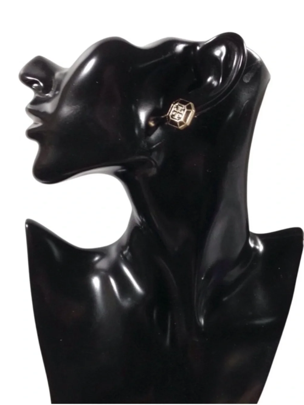 Tory Burch Audrina Black Enamel Logo Stud Earrings Gold Tone NWOT